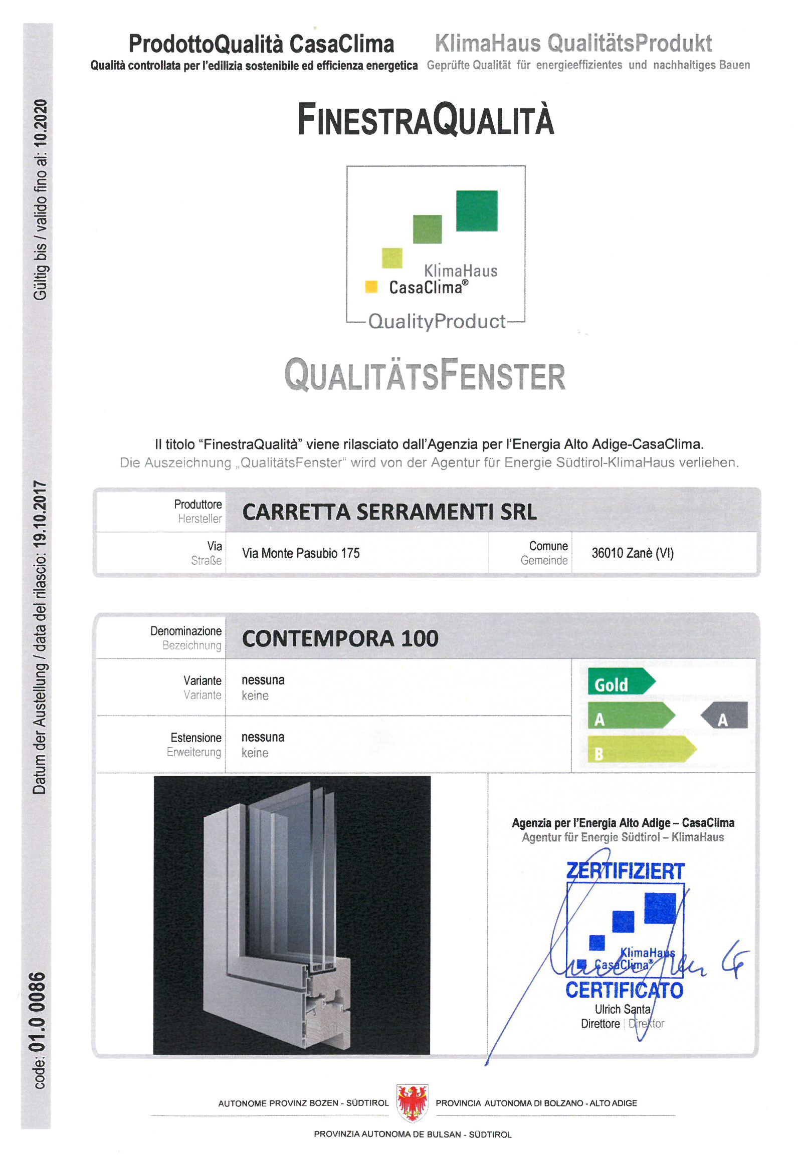 Carretta Serramenti produzione finestre in legno e alluminio Contempora 100 Certificato Qualità CasaClima KlimaHaus